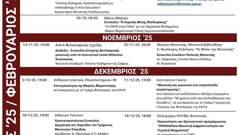 Εκδηλώσεις Τμήματος Μουσικών Σπουδών – Χειμερινό εξάμηνο 2025-2026